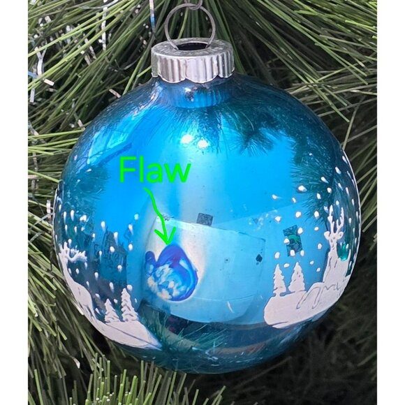 2 VTG Shiny Brite Deer Christmas Tree Ornament Stencil Green Blue Glass Snow MCM - Picture 10 of 14